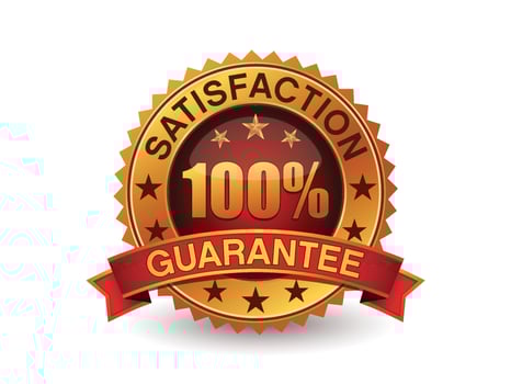 100 Percent satisfaction guarantee gold badge with red ribbon.100 Percent satisfaction guarantee gold badge with red ribbon. warranty label isolated on white vector