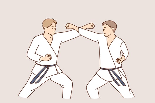 Professional karate sport fighters concept. Two strong men cartoon characters in white uniforms standing fighting practicing karate together vector illustration