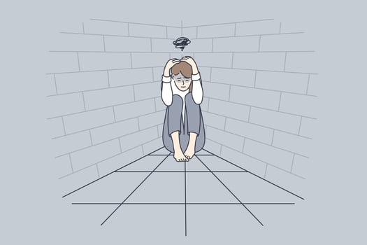 Depression, bad thoughts, grief concept. Young sad woman cartoon character sitting on floor touching head suffering from depression feeling down vector illustration
