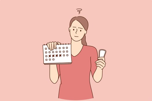 Women hygiene concept. Dissatisfied woman cartoon character holding menstruation sanitary soft pad, in bad mood during critical days vector illustration