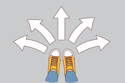 Choice and decision concept. Human foot in sneakers standing with arrows in various directions around meaning variety of choice and directions vector illustration