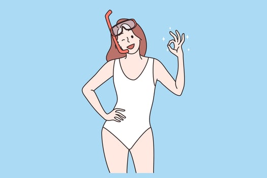 Snorkeling and Summer beach water activities concept. Smiling young woman or girl standing in water mask showing ok sign enjoying vacations vector illustration