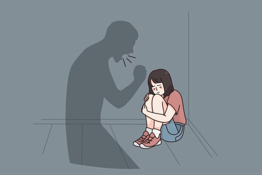Child abuse and fear concept. Small stressed girl cartoon character sitting on floor listening to her Father shadow yelling at her feeling upset and depressed vector illustration