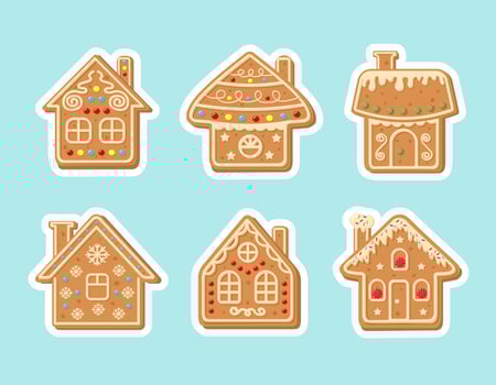 Christmas gingerbread house sticker set. New Year decorative glazed cookies. Winter homemade sweets. vector
