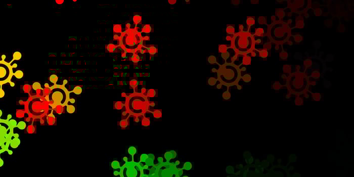 Dark green, red vector background with covid-19 symbols.