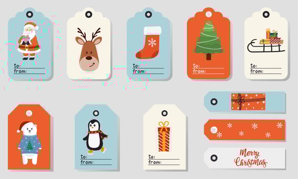 Set of bright Christmas tags with cute characters. Printable greeting cards illustration. Bright design for Christmas in pastel colors. vector