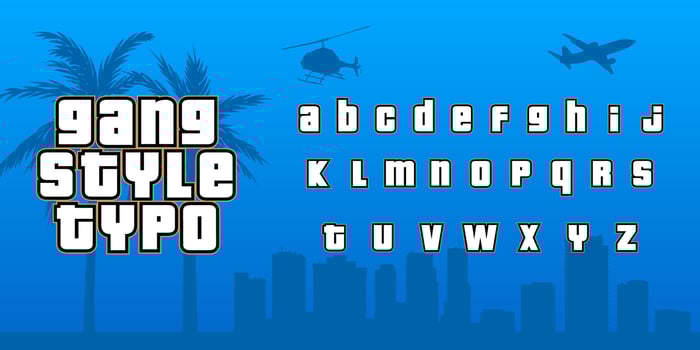 Gang Style Typo alphabet for rappers and football fans. Capital letters for labels and logos. City skyline and palm trees in background. vector