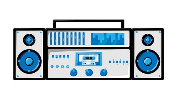 Old retro white vintage music cassette tape recorder with magnetic tape on reels and speakers from the 70s, 80s, 90s. Beautiful icon. Isolated on vhite background. Vector illustration