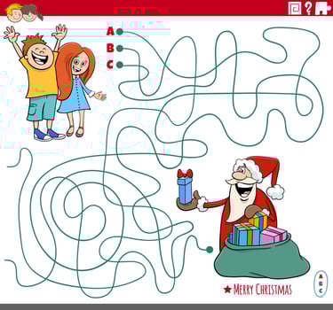 maze game with cartoon Santa Claus with sack of gifts and kids vector
