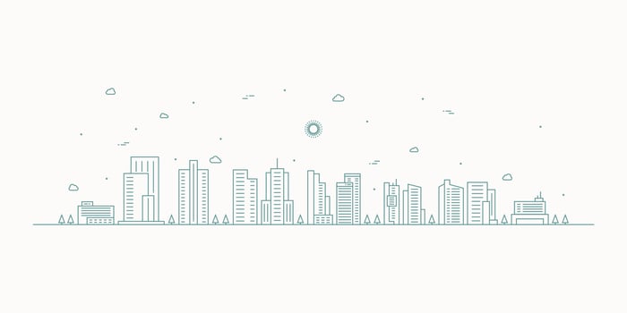 Cityscape. Modern flat line landscape vector. City landscape line art illustration with building, tower, skyscrapers. Vector illustration.