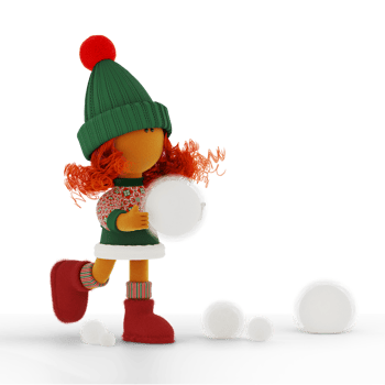 Cute curly red haired poppet girl playing snowballs png