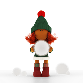 Cute curly red-haired rag doll girl carries a snowball png