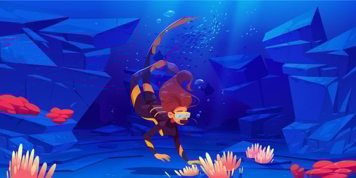Young woman scuba diver explore sea bottom corals vector