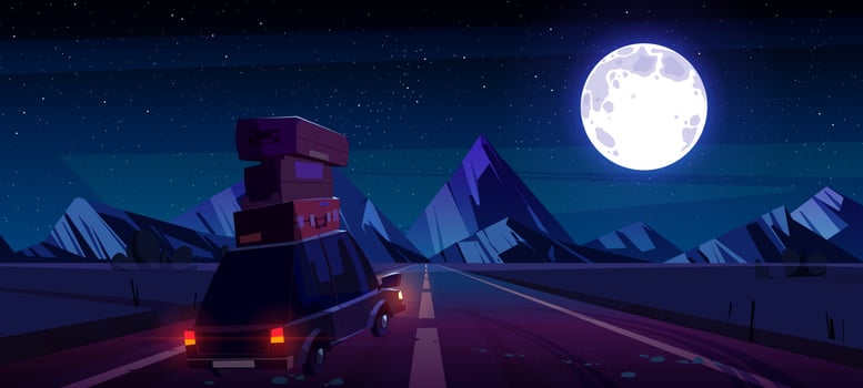 Car with luggage drive to mountains at night vector