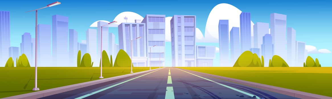 Road to city with buildings on skyline vector