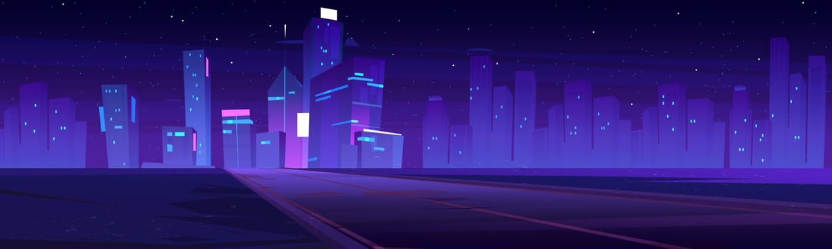 Road to night city, empty highway, purple skyline vector