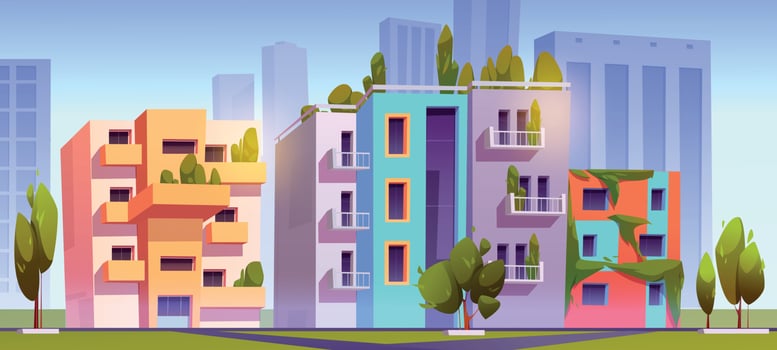 Green city with eco houses with garden on roof vector