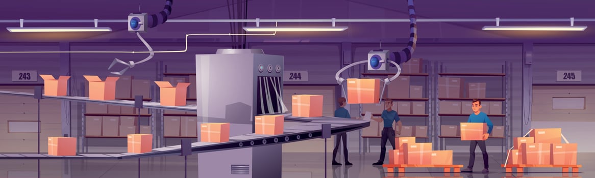 Factory warehouse with conveyor belt and robots vector