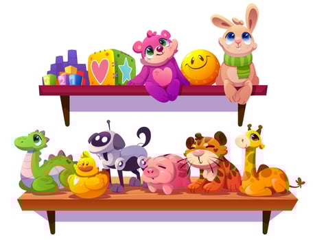 Kids toys on wooden shelf things for child playing vector