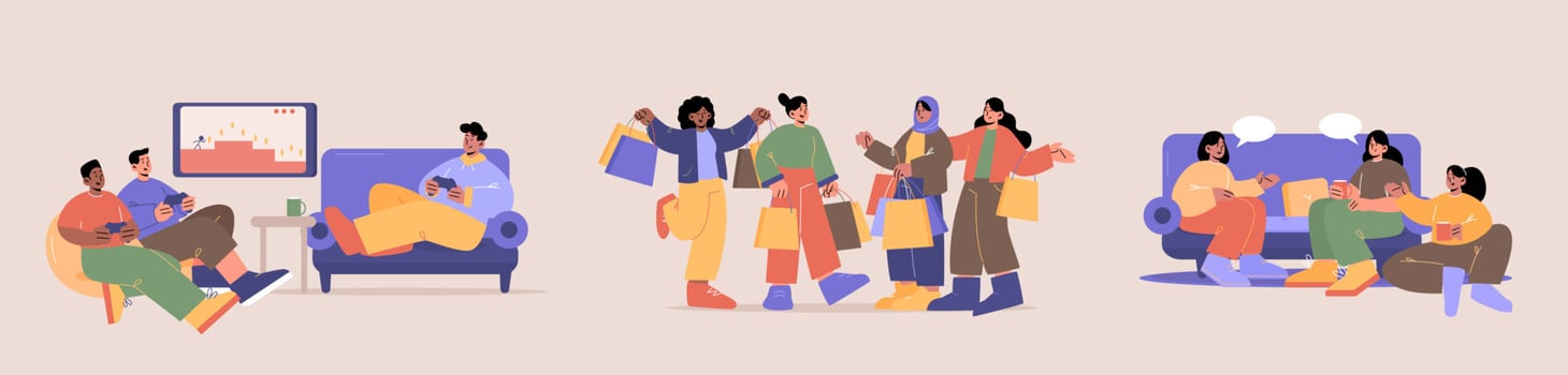 Friends play computer game, shopping, talking vector