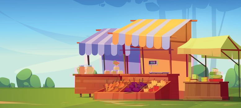 Outdoor farm market stalls, wooden fair booths vector