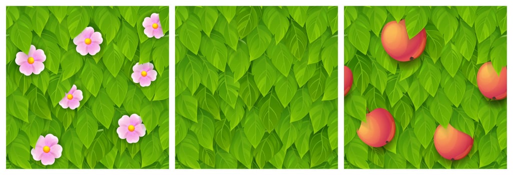 Game textures of green leaves, flowers and fruits vector