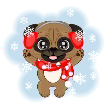 Cute pug dog in winter clothes Christmas vector illustration
