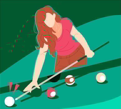 illustration of beautiful woman playing billiard. green background. the concept of sports, games, hobbies, bars, etc. flat vector illustration