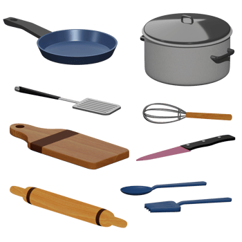 3d rendered kitcheware includes fork, spoon, knife, cutting board, frying pan, rolling pin, whisk, pot perfect for design project png