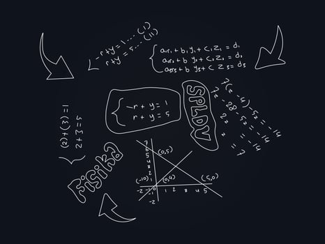 Vintage education and scientific background. SPLDV law theory and mathematical equations, physics, chemical formulas on the blackboard. Hand drawn vector illustration.
