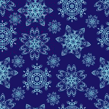 Seamless pattern with blue christmas snowflakes on blue background. vector