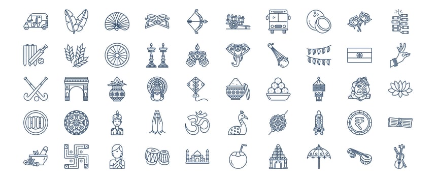 Collection of icons related to India country and culture, including icons like Banana Leaf, Coconut, Hokey, Elephant and more. vector illustrations, Pixel Perfect set