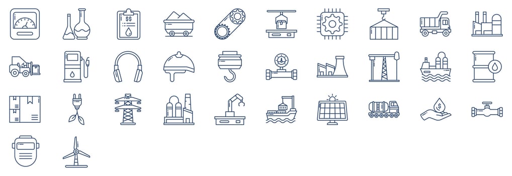 Collection of icons related to Industry and factory, including icons like Dump Truck, Coal,  Oil, Crane and more. vector illustrations, Pixel Perfect set