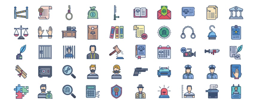 Collection of icons related to Law and Crime, including icons like Police, Custody, Court, Handcuffs and more. vector illustrations, Pixel Perfect set