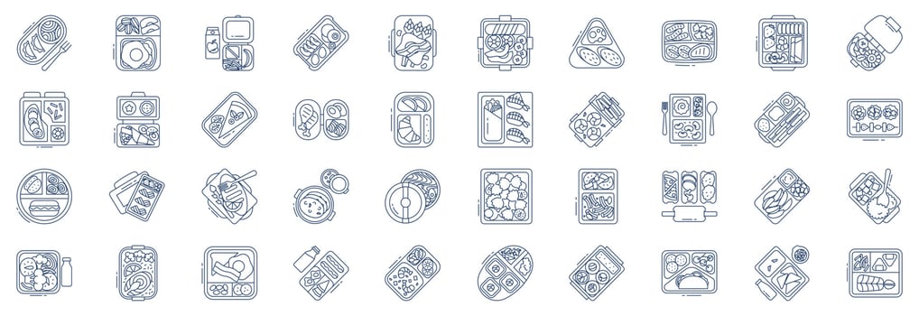 Collection of icons related to Lunchbox, including icons like Food, Dish, Lunch and more. vector illustrations, Pixel Perfect set