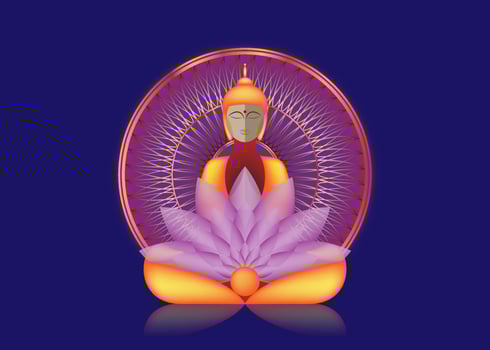Buddha sitting in meditation over Golden Mandala, esoteric purple lotus vector illustration. Vintage sacred culture background. Indian, Buddhism, spiritual art. Gold, spirituality, Thai god, yoga