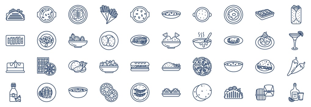 Collection of icons related to Mexican food, including icons like Soup, Cocido, Churro, Duros, Fajita and more. vector illustrations, Pixel Perfect set