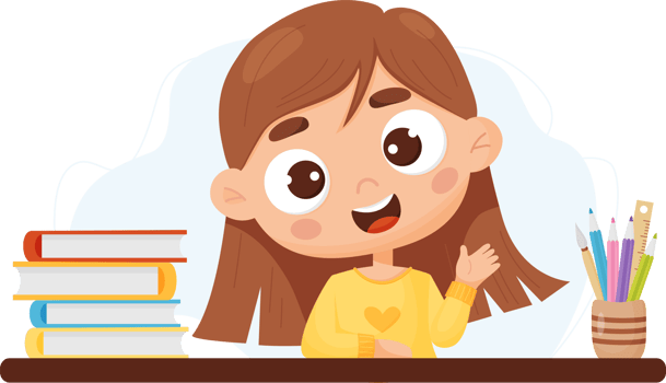Joyful cute girl schoolgirl at table png