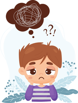Sad pensive boy and bubble with confused thoughts and questions png