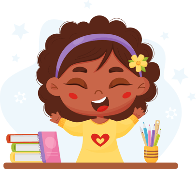 Joyful cute black ethnic girl schoolgirl at table png
