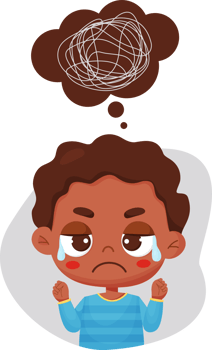Sad crying black ethnic boy and bubble with confused thoughts png