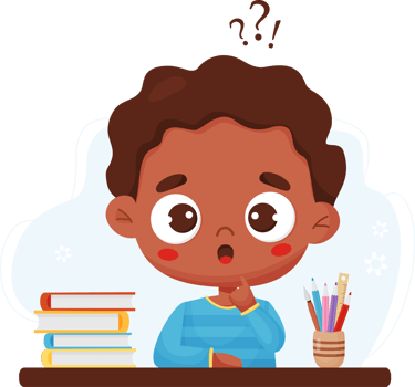 Surprised thoughtful black boy at table with books and stationery png