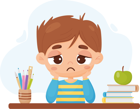 Sad pensive boy at table with books and stationery png