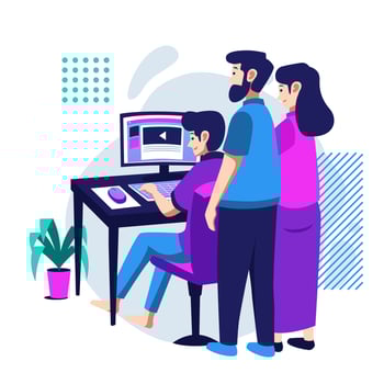 Parents guide their children online learning on the desk vector