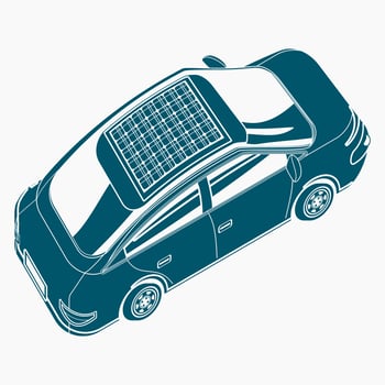 Editable Flat Monochrome Style Three-Quarter Top Oblique Side Back View Electric Car With Solar Panel Vector Illustration for Futuristic Eco-friendly Vehicle and Green Life or Renewable Energy Design