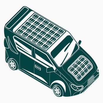 Editable Flat Monochrome Style Isometric-like Three-Quarter Top Oblique Side Front View Electric Car With Solar Panel for Futuristic Eco-friendly Vehicle and Green Life or Renewable Energy Campaign vector