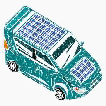 Editable Brush Strokes Style Isometric-like Three-Quarter Top Oblique Side Front View Electric Car With Solar Panel for Futuristic Eco-friendly Vehicle and Green Life or Renewable Energy Campaign vector