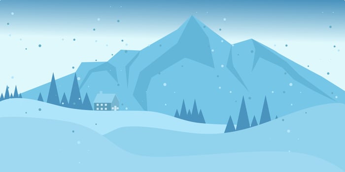 Winter Mountain View with pines and hills. Snowy Winter Scenery. Beautiful winter flat landscape background. Winter landscape with mountains and snowfall. Flat design. Vector