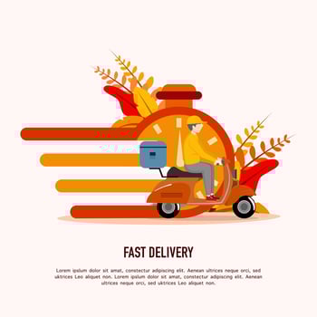 Concept of fast delivery service, online order, home and office delivery. Warehouses, scooters and bicycle couriers, delivery men use scooters to deliver packages. Vector illustration