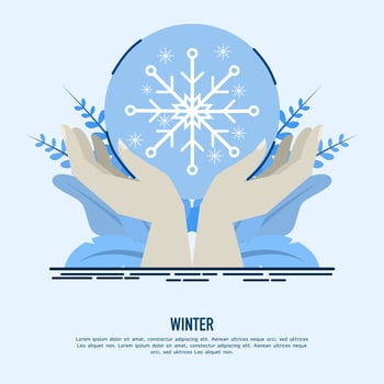 Two hands holding ice or snow ball. Cozy winter illustration. snowy background. Vector flat cartoon illustration. Digitally hand drawn.